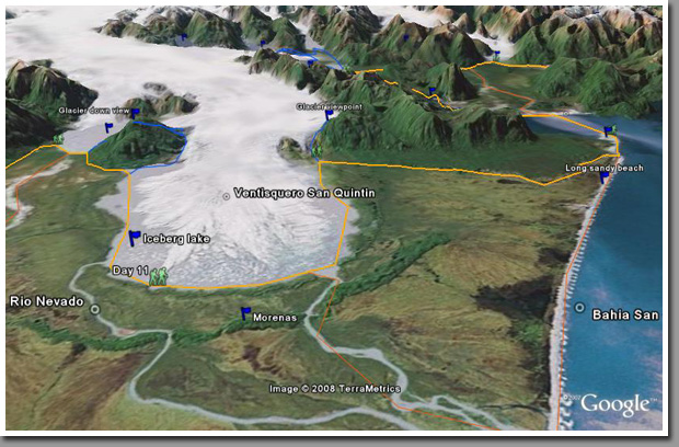 GoogleEarth screenshot of San Quintin Glacier, Istmo Ofqui, Northern Patagonian Icefield, Patagonia, Chile