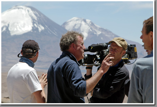 BBC Filming crew and presenter Jeremy Clarkson on the slopes of Guallatiri Volcano shooting BBC Top Gear Bolivia Special, Altiplano, Chile