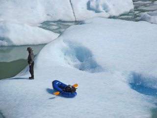 Long way home - Proglacial lake of unnamed HPN3 (only number) glacier of Northern Patagonian Ice Field chocked and fully packed with icebergs and pack ice after the glacier tongue disintegration, Patagonia, Aisen, Chile
